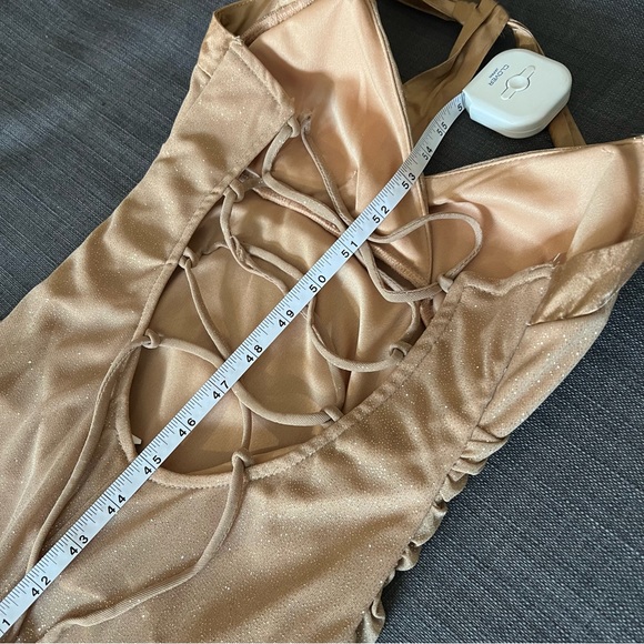 Gold Sparkle Glitter Shimmer Floor Length Gown Dress w. Halter, Lace-Up Back - Picture 9 of 12